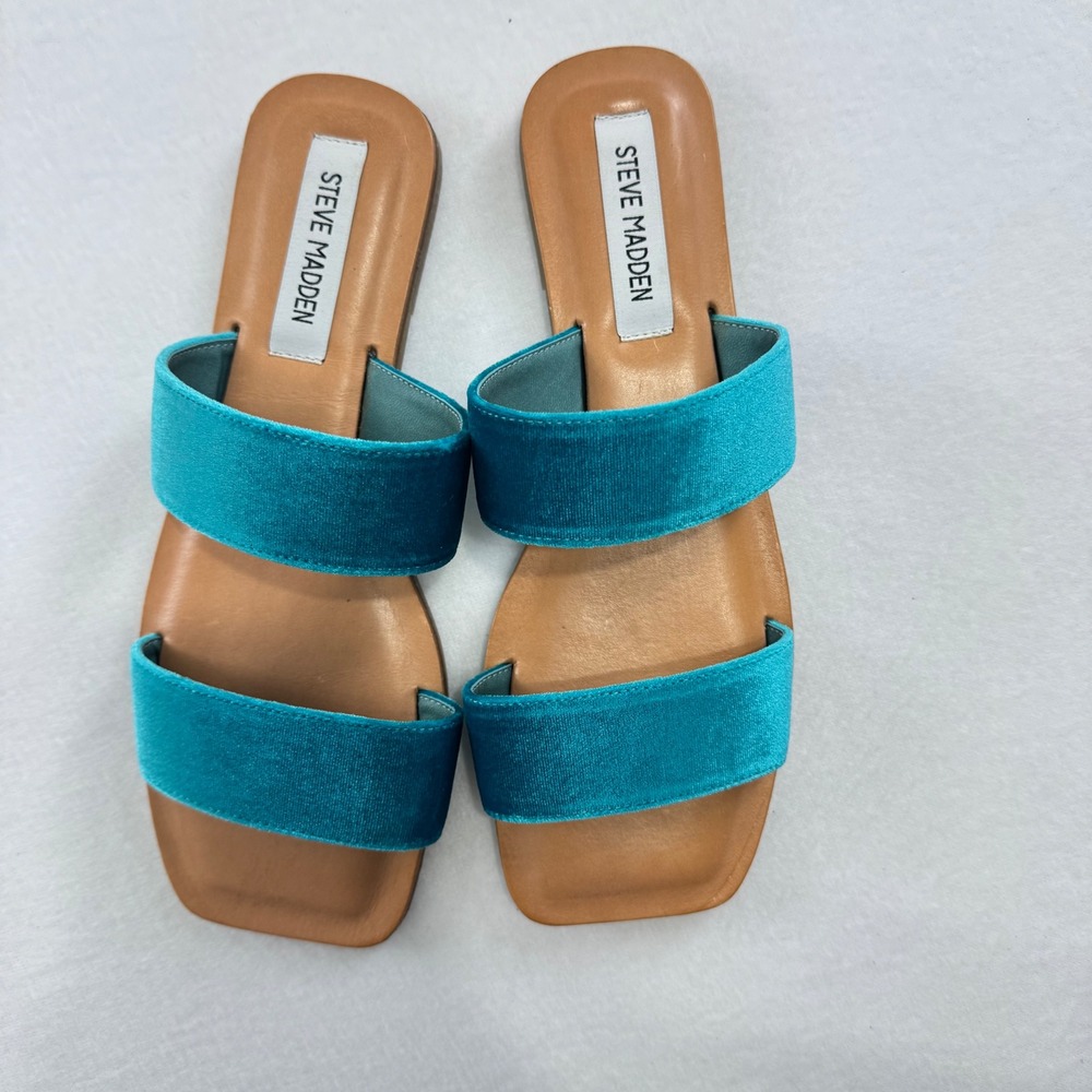 Steve Madden Lea Teal Blue Velvet Double Strap Flat Slide Sandals Womens 6